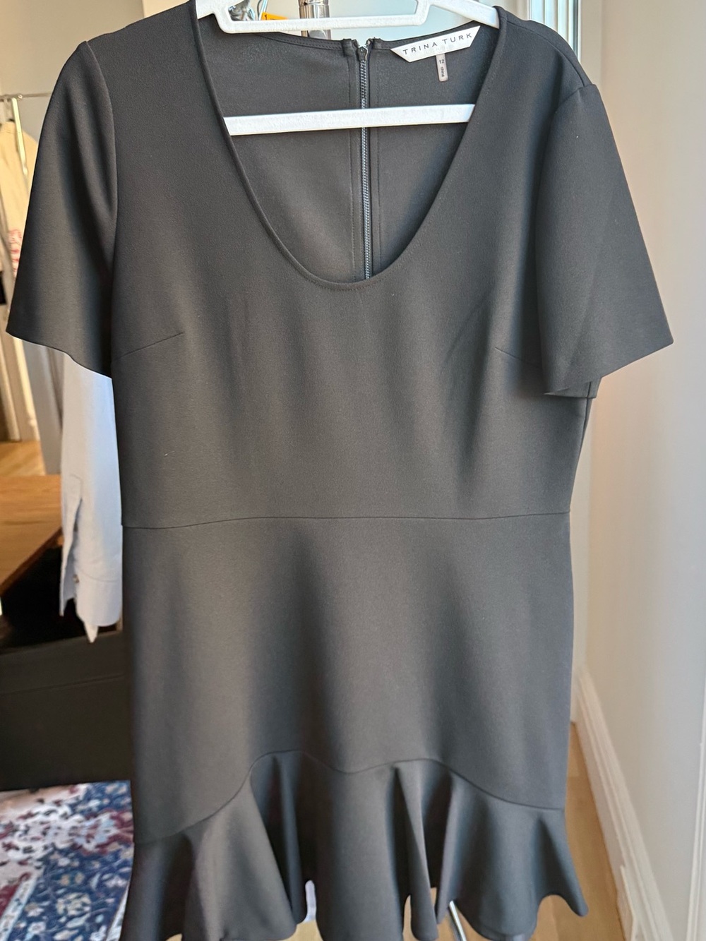 Trina Turk Black Scoop-Neck Black Short Sleeve Dress with Ruffle Hem Detail